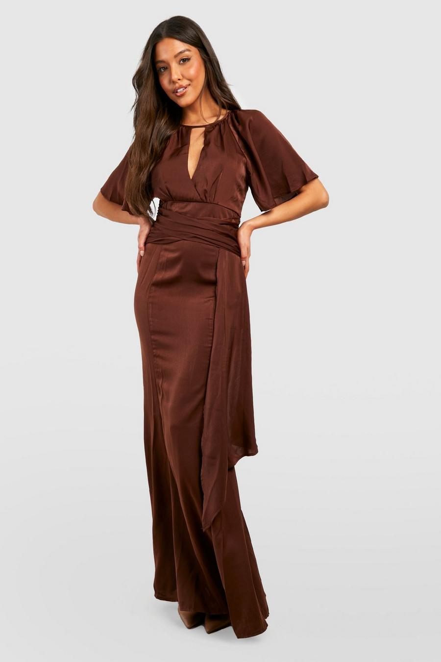Chocolate brown Bridesmaid Chiffon Angel Sleeve Maxi Dress