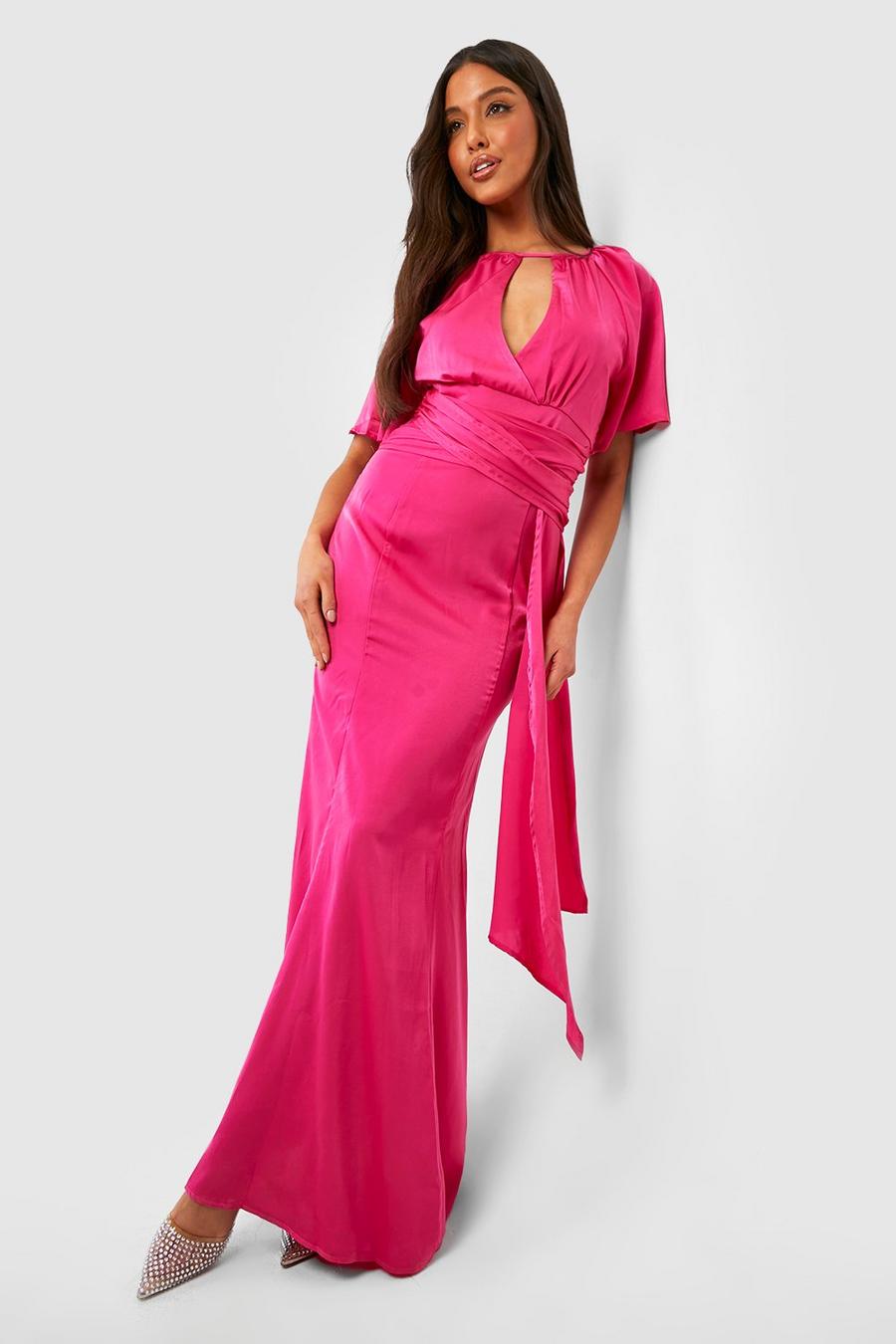 Magenta pink Bridesmaid Chiffon Angel Sleeve Maxi Dress