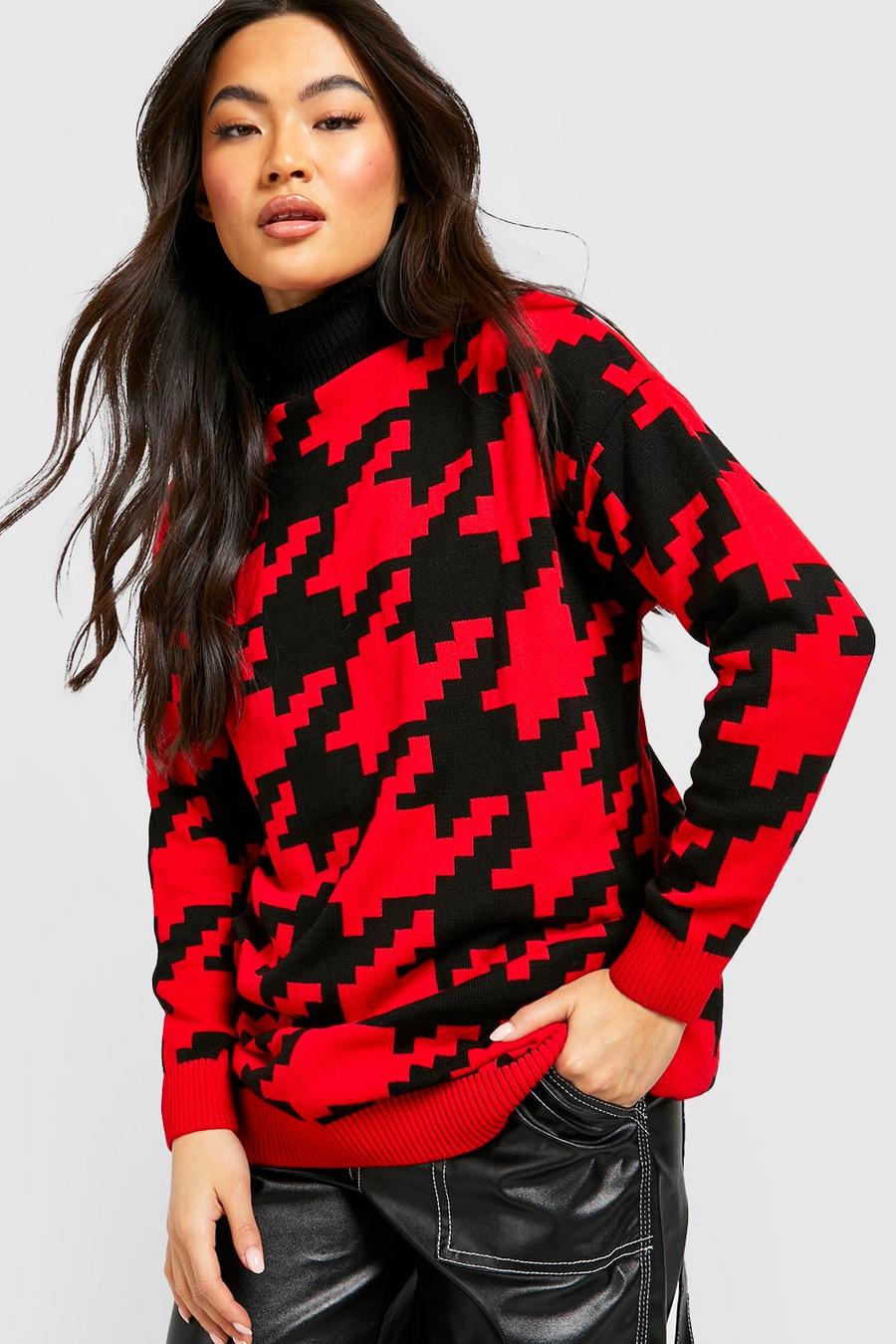 Red Oversized Dogtooth Turtleneck Sweater