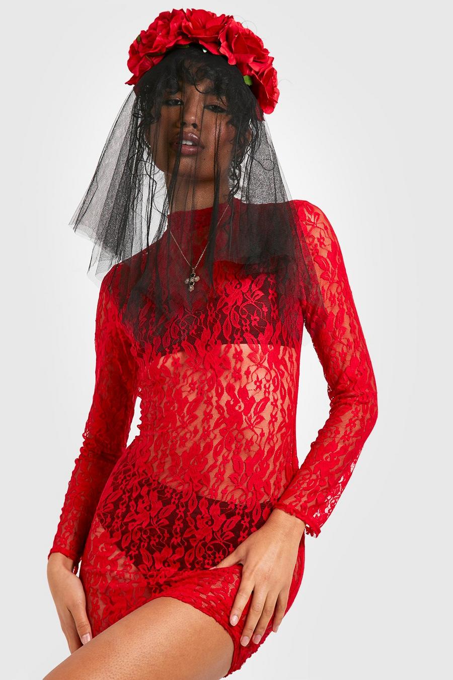 Red Halloween Lace High Neck Mini Dress