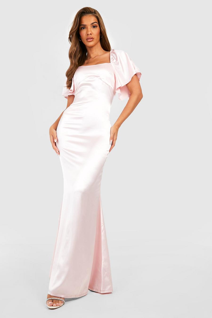Blush Bridesmaid Satin Angel Sleeve Maxi Dress image number 1