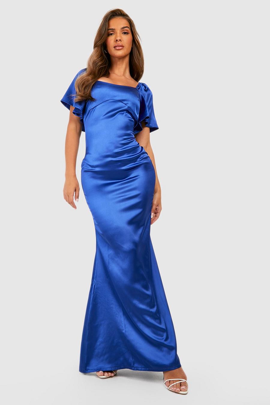 Navy Bridesmaid Satin Angel Sleeve Maxi Dress image number 1