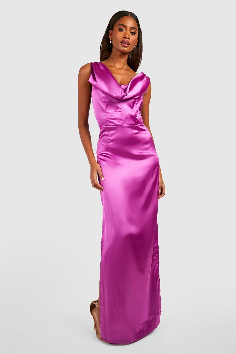 Magenta pink Bridesmaid Satin Cowl Neck Maxi Dress