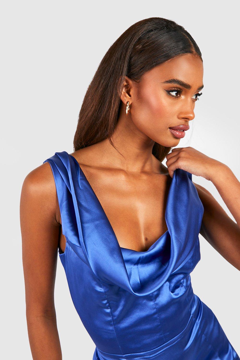 Navy satin shop cowl neck dress