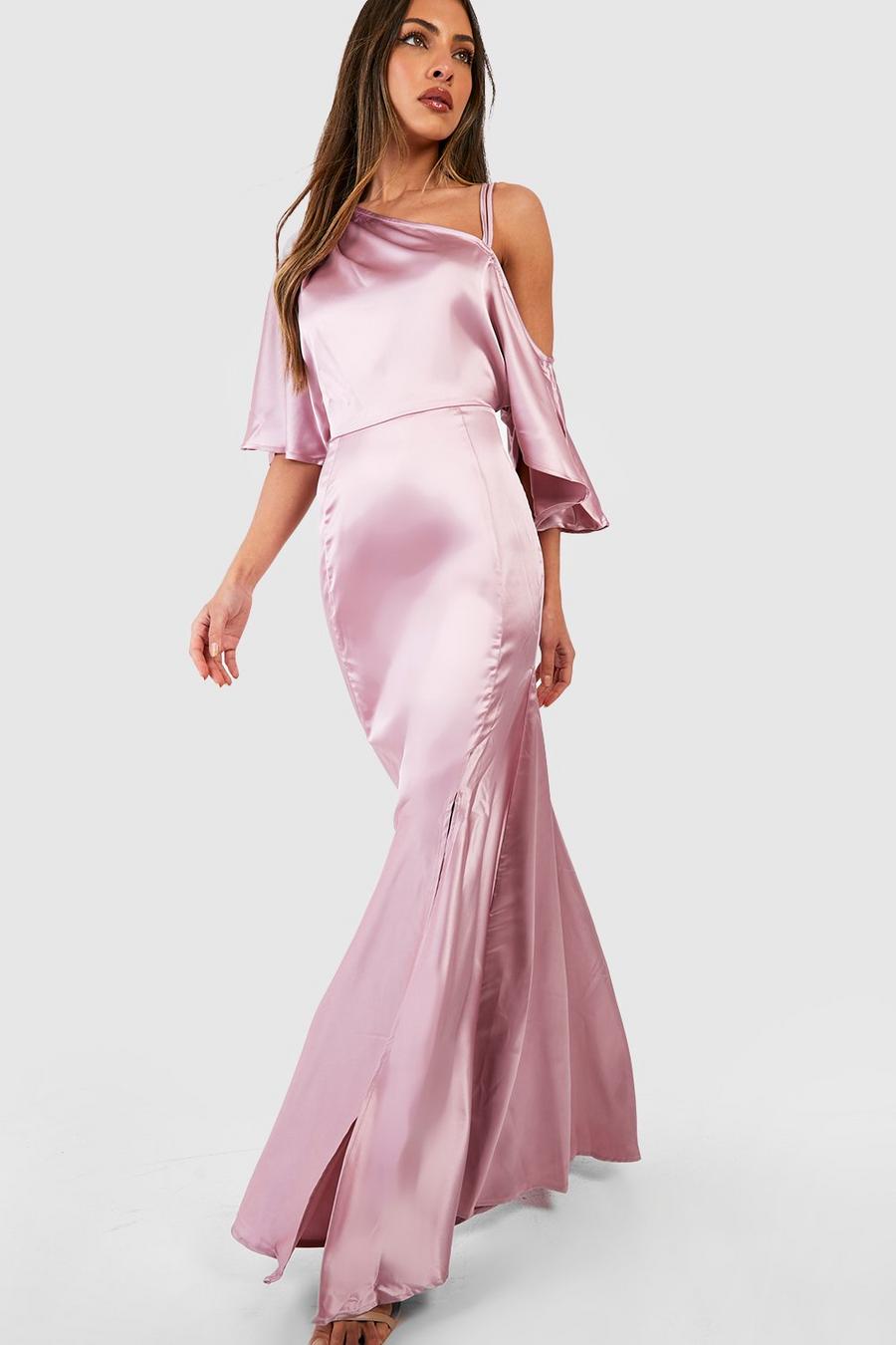 Blush pink Bridesmaid Satin Off Shoulder Maxi Dress