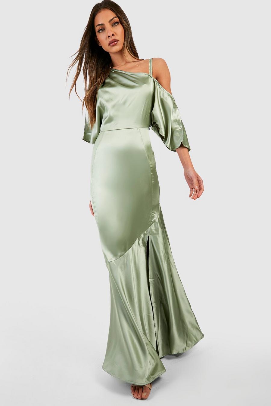 מרווה verde שמלת שושבינה מסאטן באורך מקסי עם כתפיים חשופות