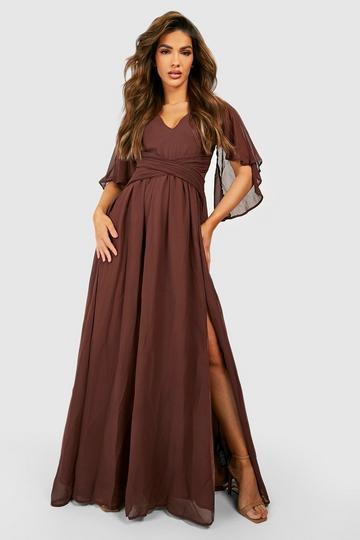 Chocolate Brown Bridesmaid Chiffon Cape Maxi Dress