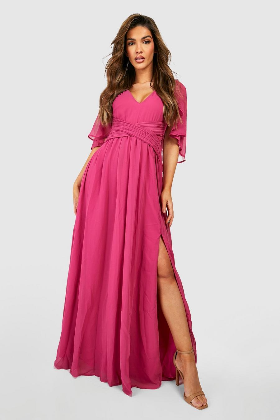 Magenta pink Bridesmaid Chiffon Cape Maxi Dress