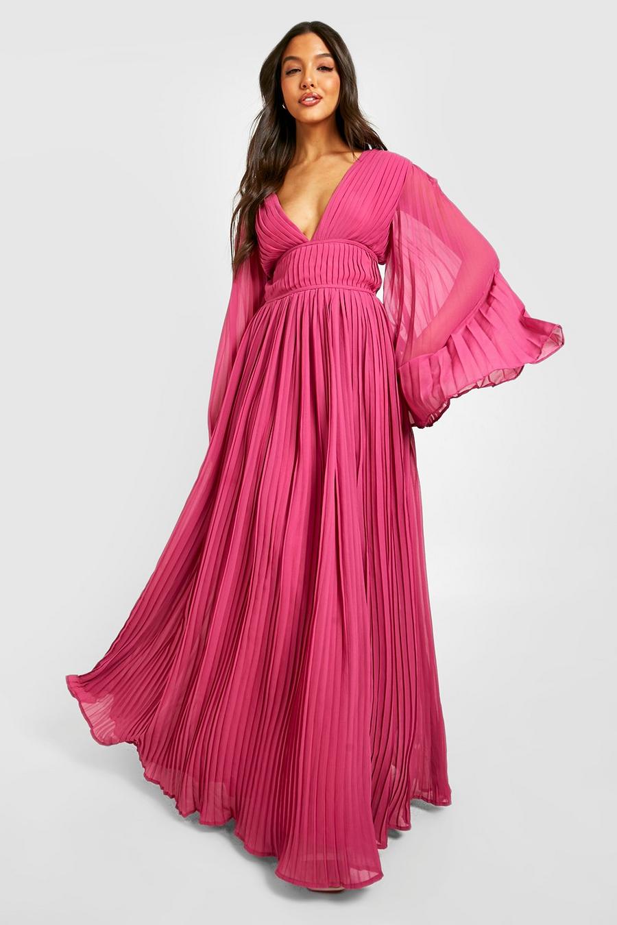 Magenta pink Bridesmaid Pleated Chiffon Maxi Dress