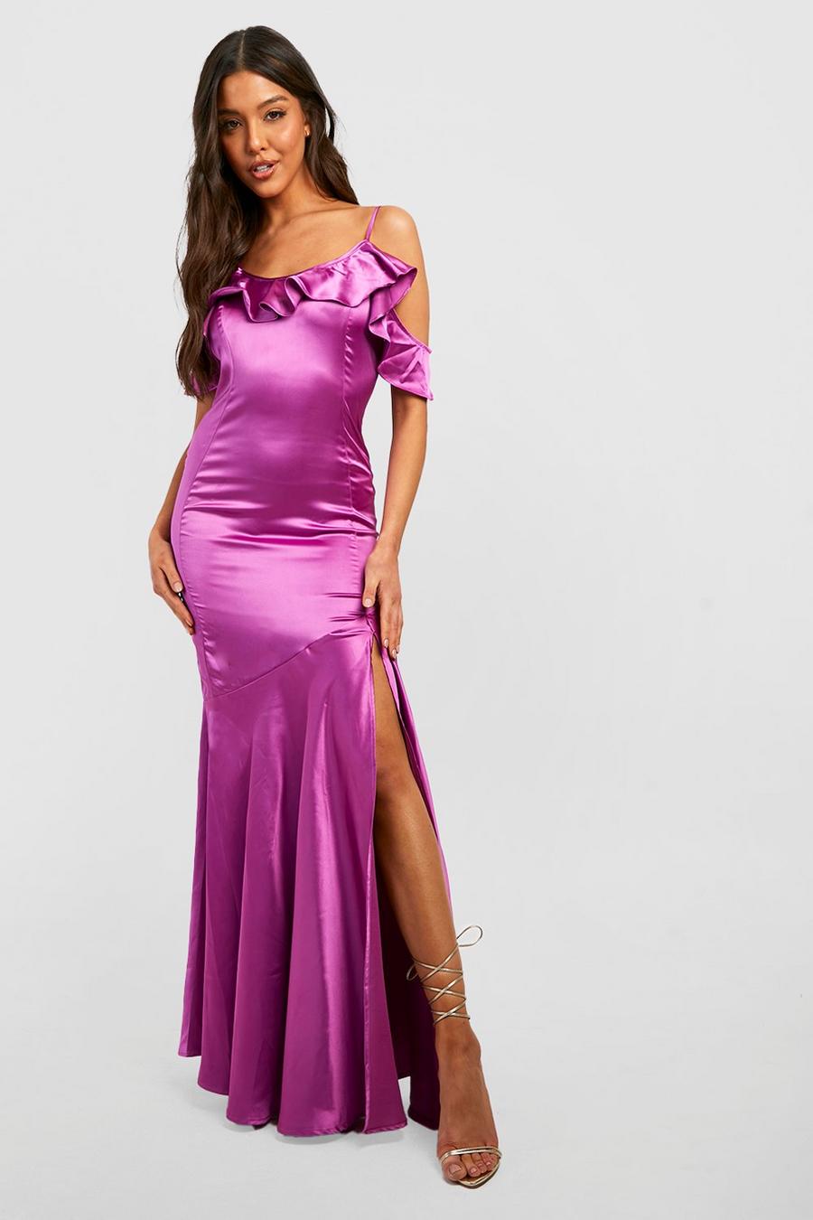 Magenta Bridesmaid Satin Ruffle Maxi Dress image number 1
