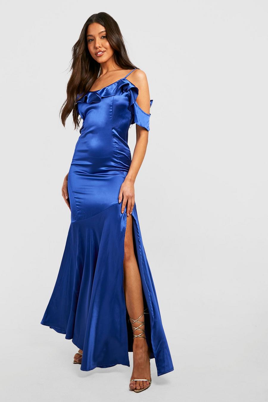 נייבי azul marino שמלת שושבינה מקסי מבד סאטן עם מלמלה