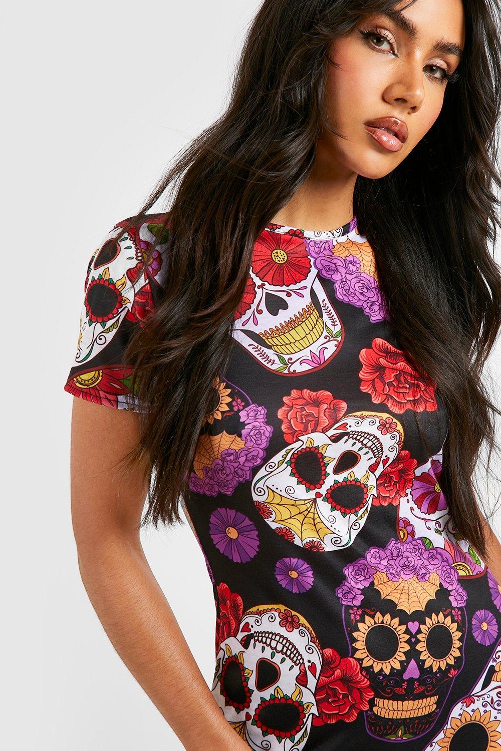 Halloween Floral Skull Print Mini Dress boohoo DK