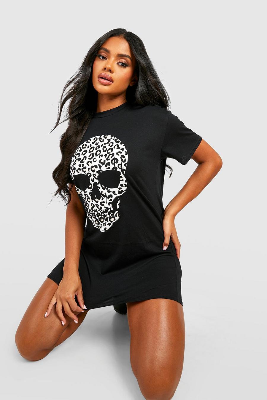 Vestido camiseta de Halloween con estampado de calavera y leopardo, Black negro