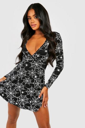 Halloween Cobweb Print Skater Dress black