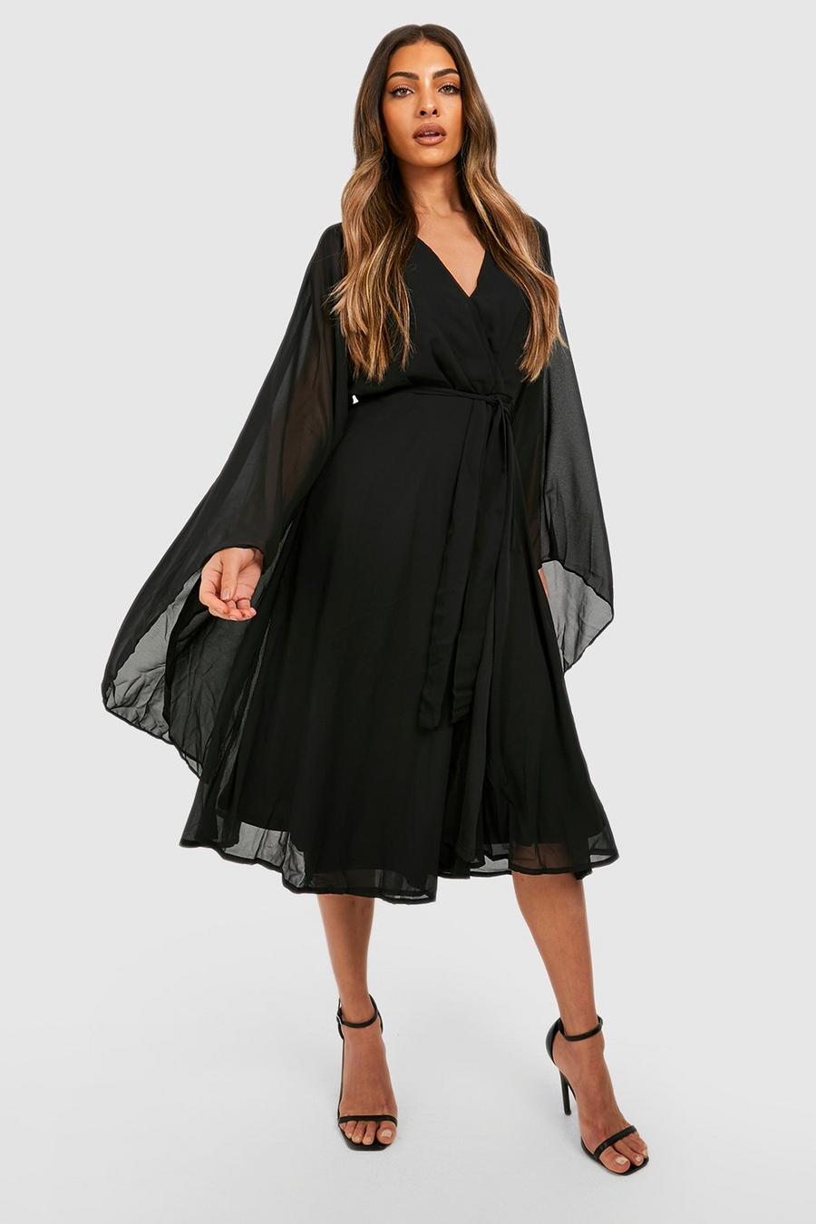 Black Chiffon Wrap Cape Sleeve Midi Dress