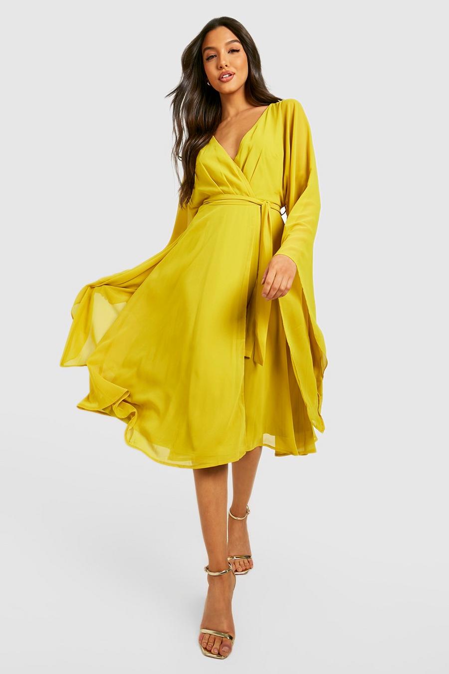 Chartreuse yellow Chiffon Wrap Cape Sleeve Midi Dress