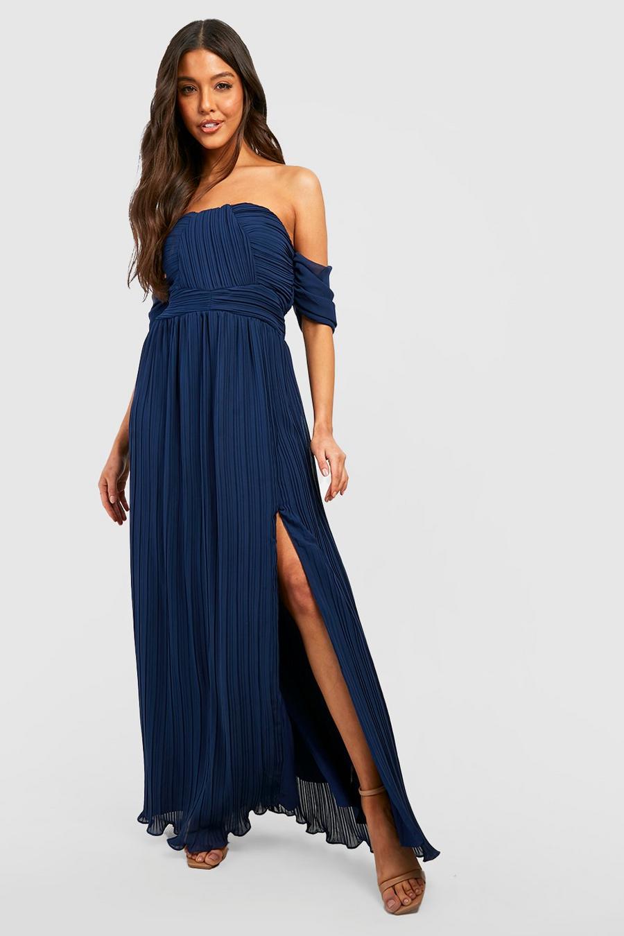 Navy Off The Shoulder Pleated Chiffon Maxi Dress image number 1