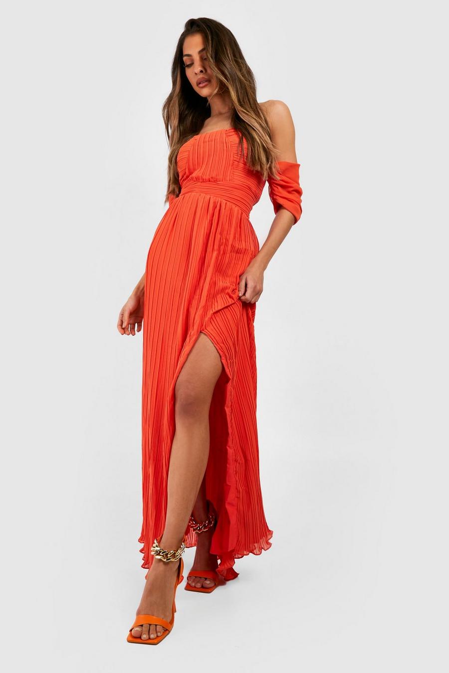 Orange Bardot Pleated Chiffon Maxi Dress  image number 1
