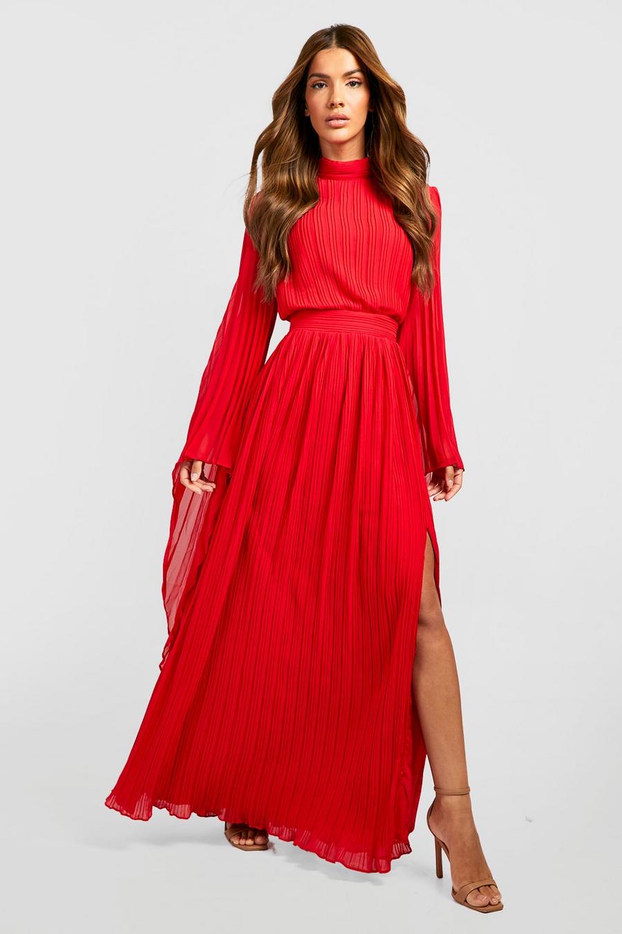 Red High Neck Pleated Chiffon Maxi Dress image number 1