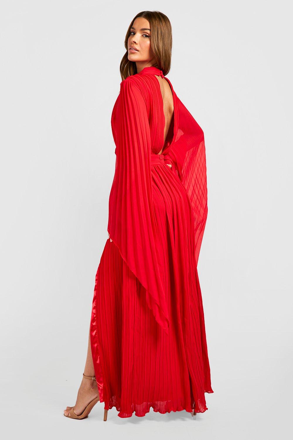 High Neck Pleated Chiffon Maxi Dress