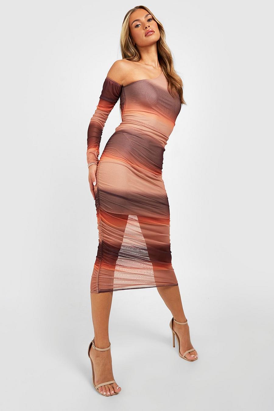 Nude Ombre Mesh Asymmetric Midi Dress image number 1