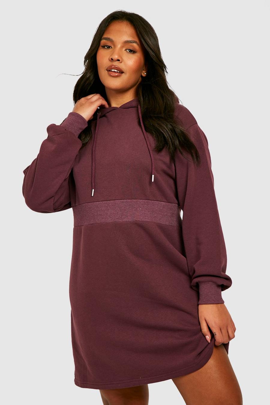 Burgundy red Plus Corset Waist Hooded Sweater Dress  image number 1