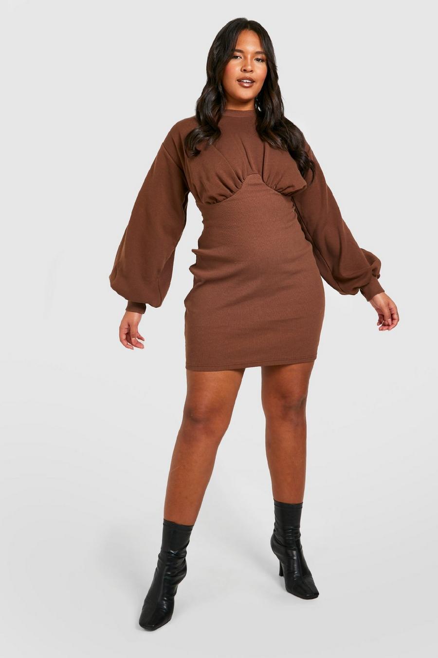 Chocolate brown Plus Corset Sweat Dress   image number 1