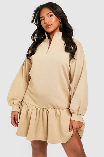 boohoo beige Plus Frill Hem Half Zip Sweater Dress
