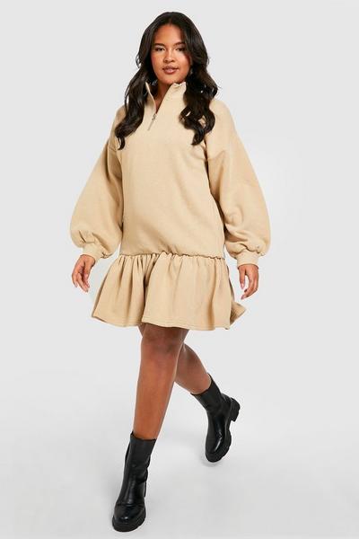 boohoo beige Plus Frill Hem Half Zip Sweater Dress