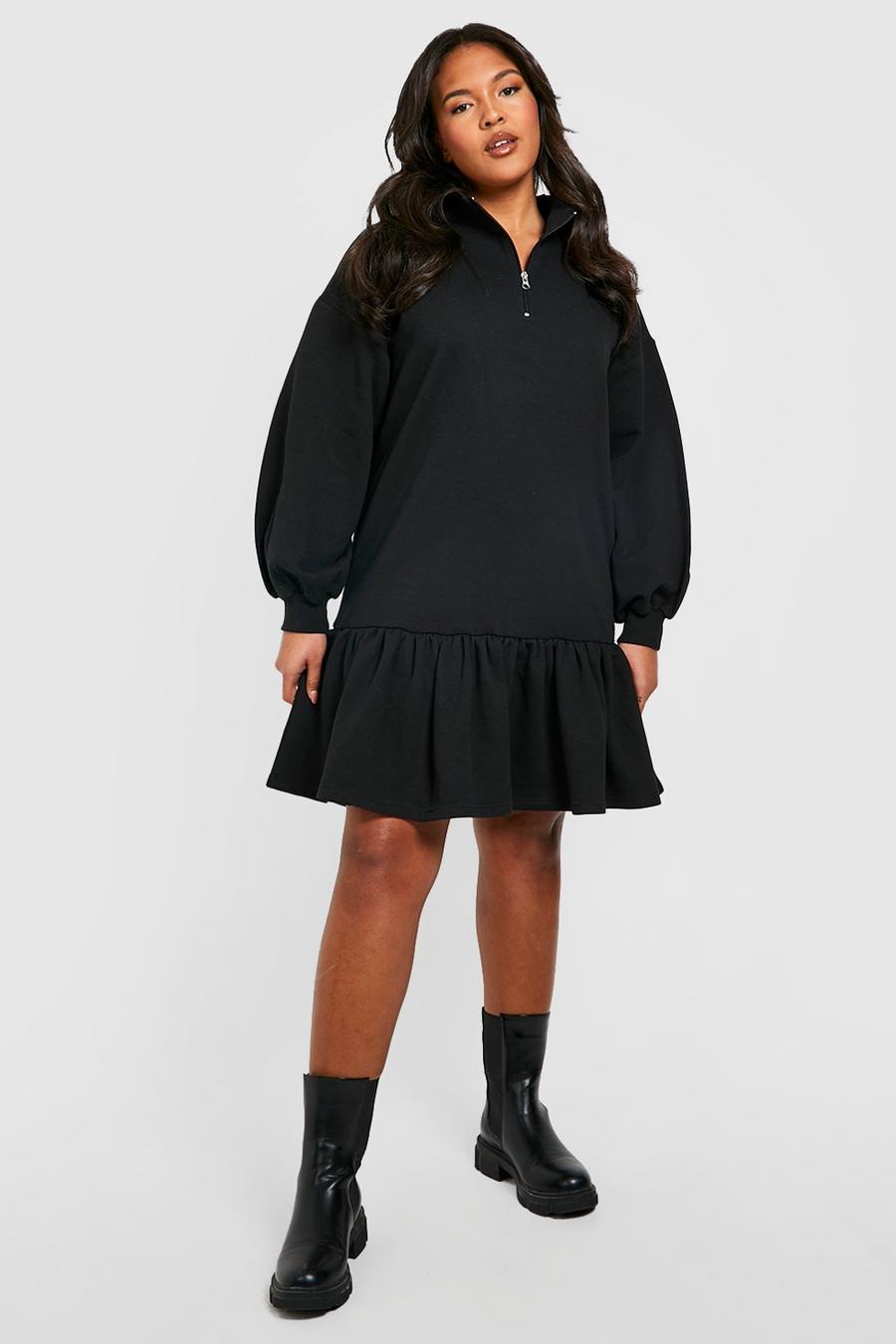 Black Plus Frill Hem Half Zip Sweater Dress 