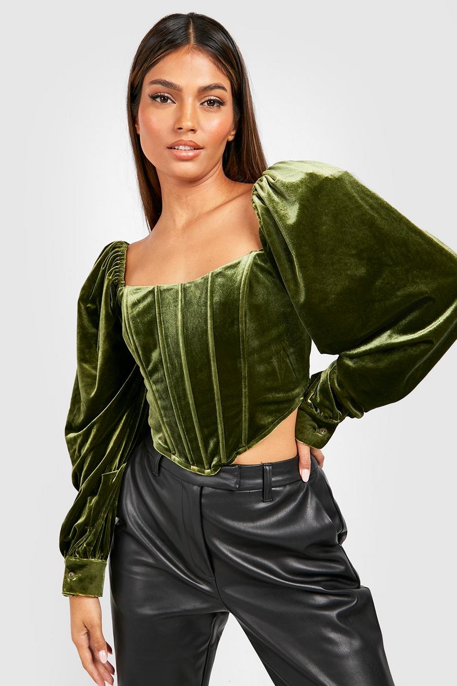 Olive Puff Sleeve Velvet Corset Top image number 1