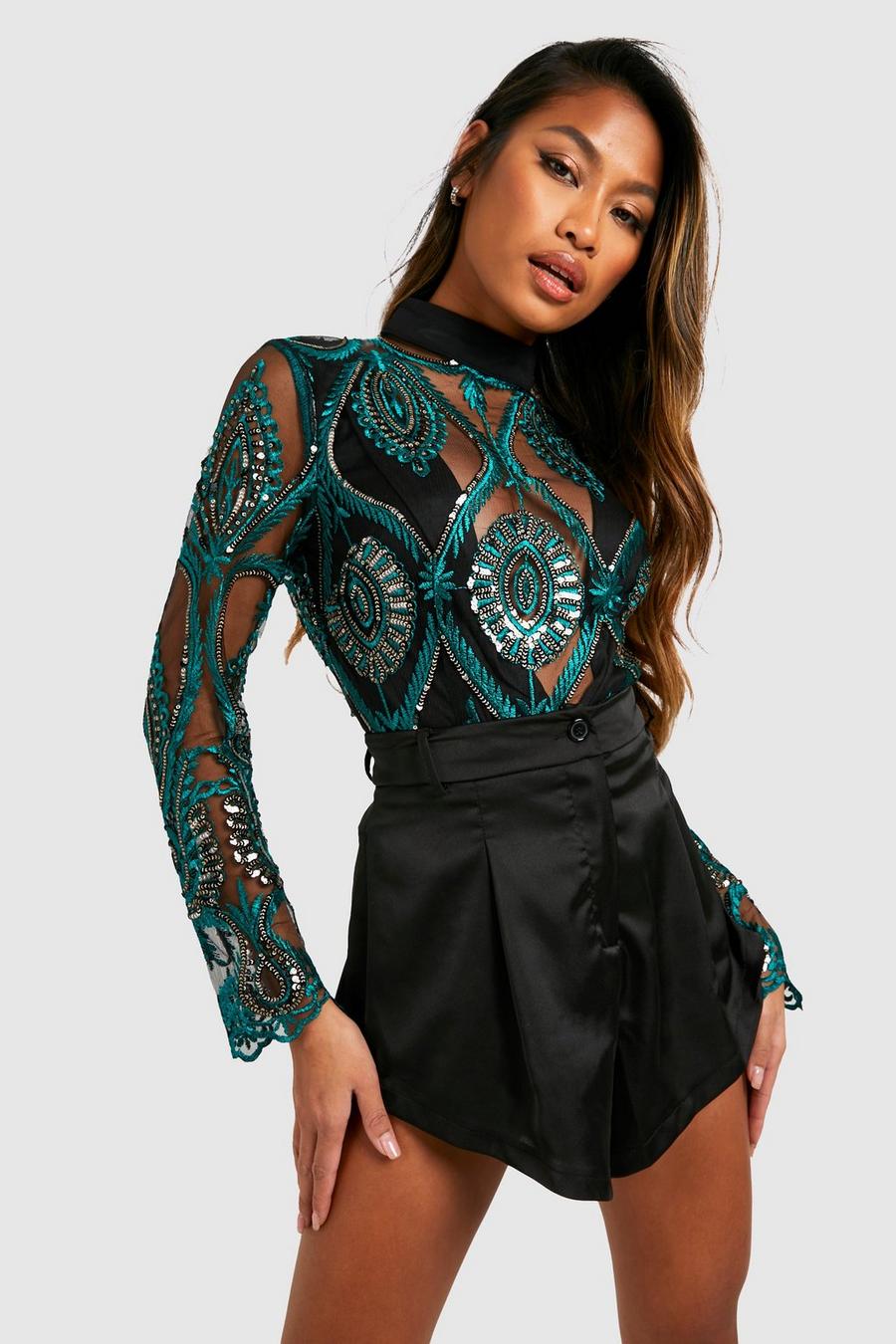 Buy 2Xtremz Embellished Bodysuit with High Neck and Long Sleeves
