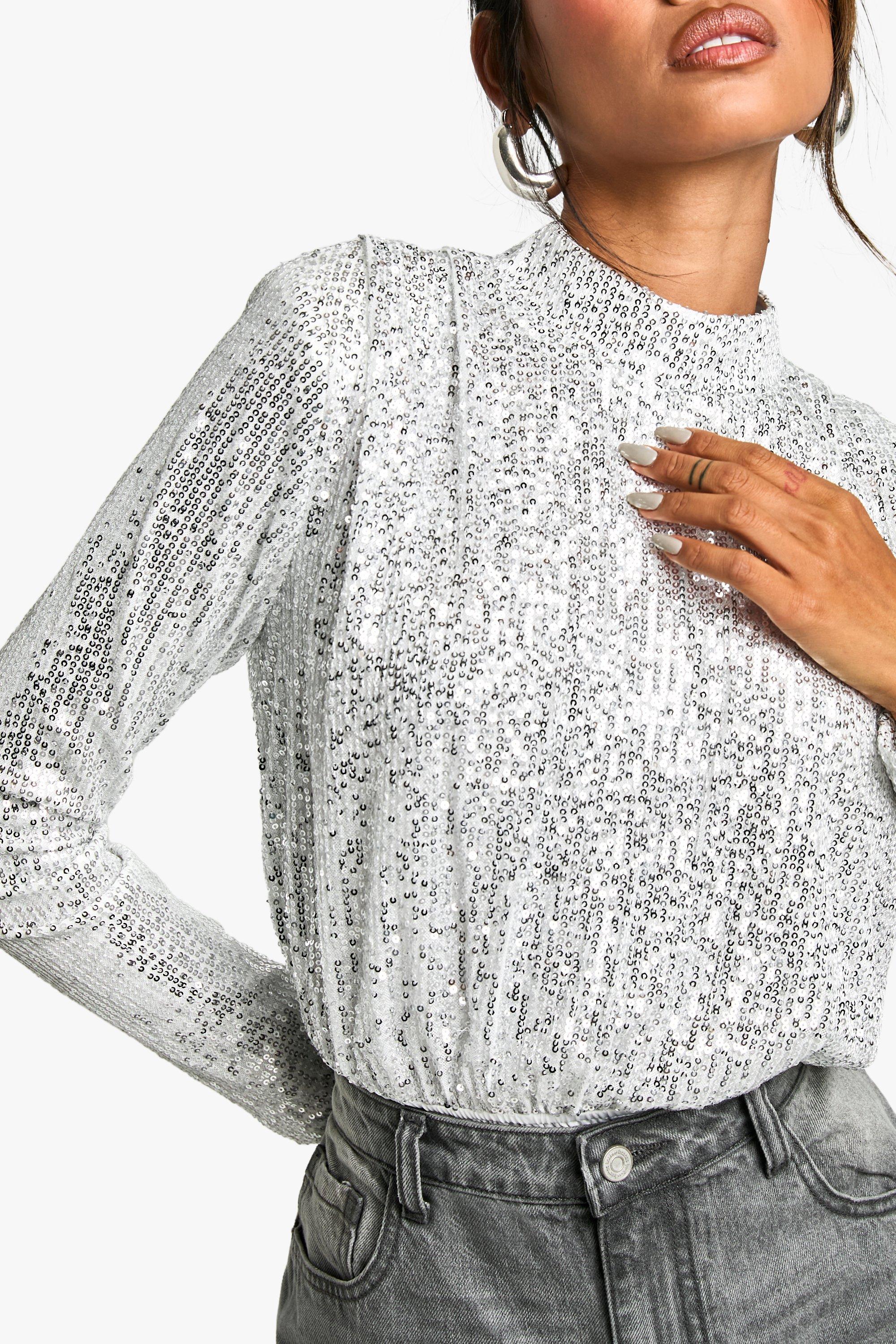 Silver High Neck Sequin Bodysuit