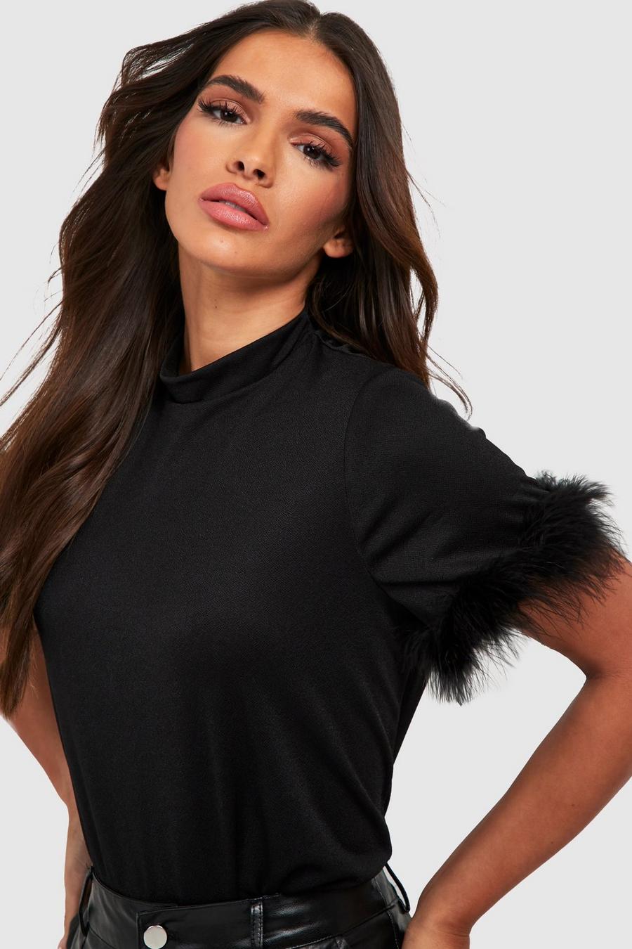 Black Feather Trim High Neck T-shirt image number 1
