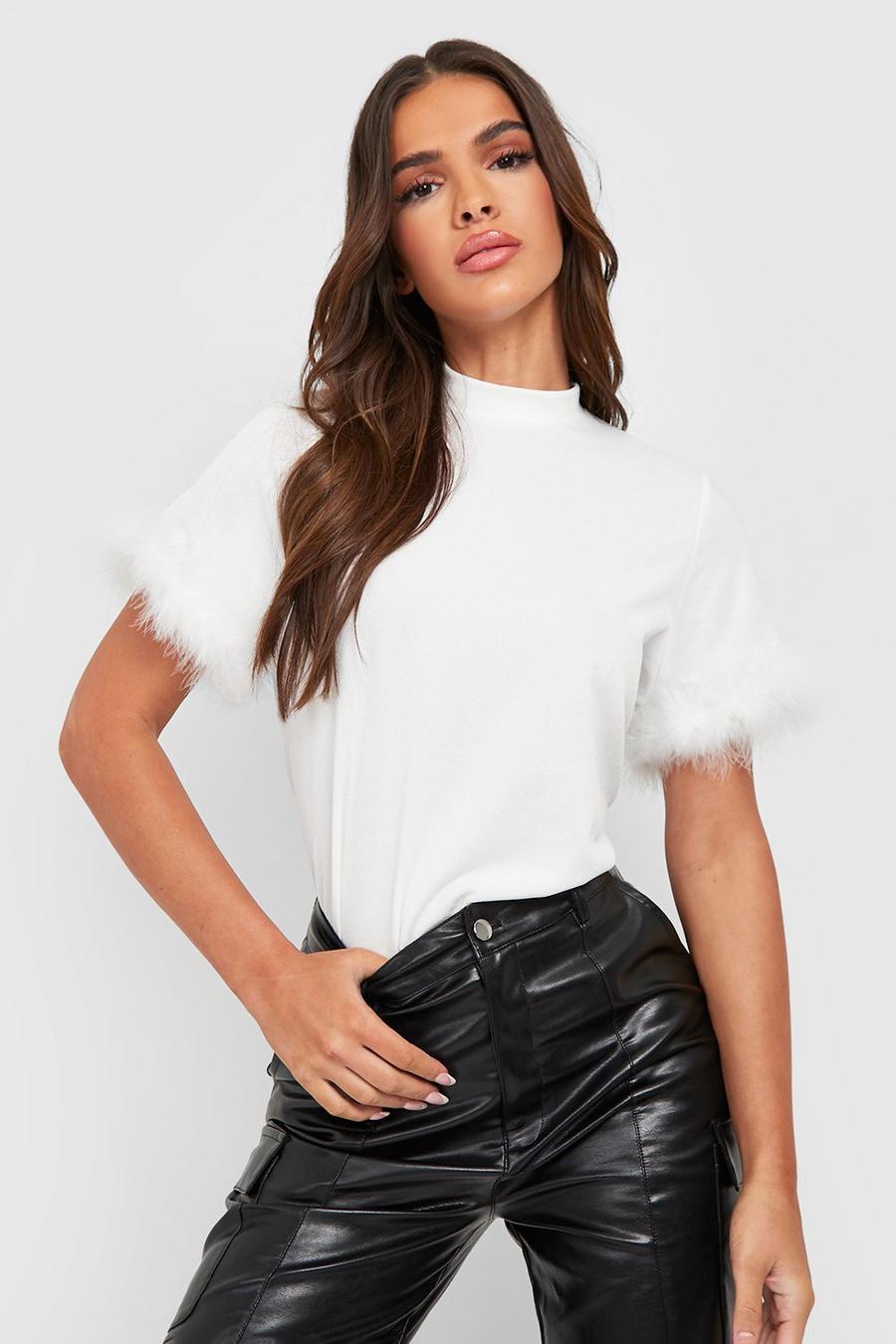 White Feather Trim High Neck T-shirt image number 1