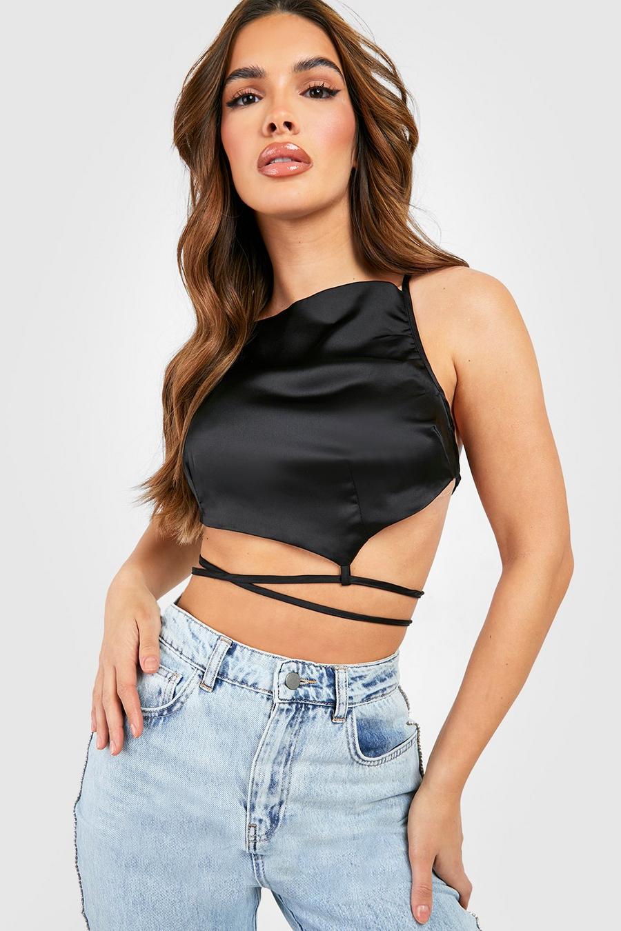 Black Satin Strappy Cut Out Crop image number 1