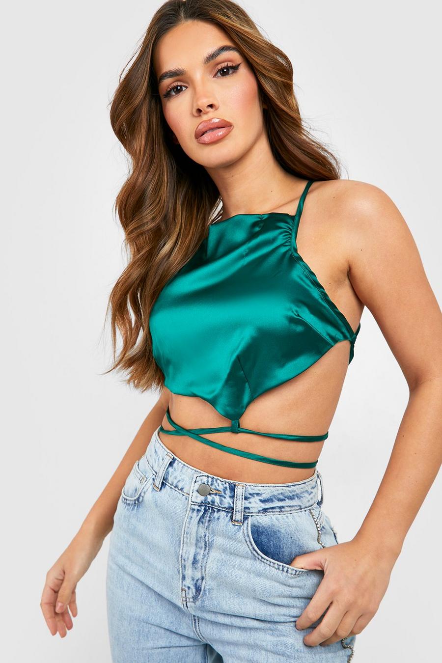Emerald Satin Strappy Cut Out Crop image number 1