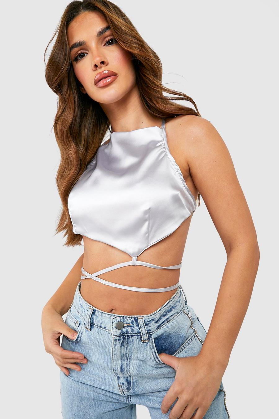 Cut-Out Crop Top aus Satin, Silver image number 1