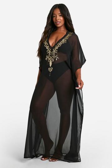 Black Plus Embellished Maxi Beach Kaftan