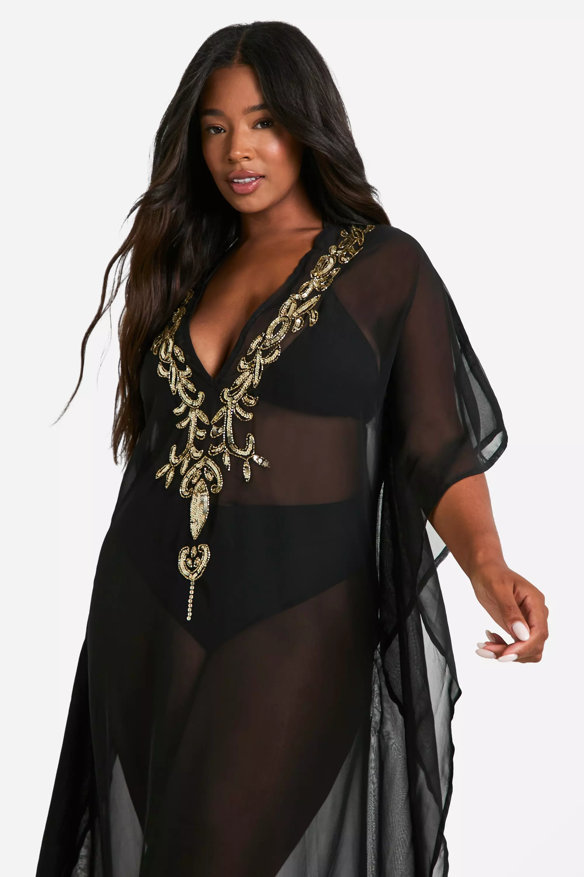 Black Plus Embellished Maxi Beach Kaftan  alternative image