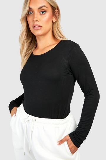 Plus Basic T-Shirt Met Lage Ronde Hals En Lange Mouwen black