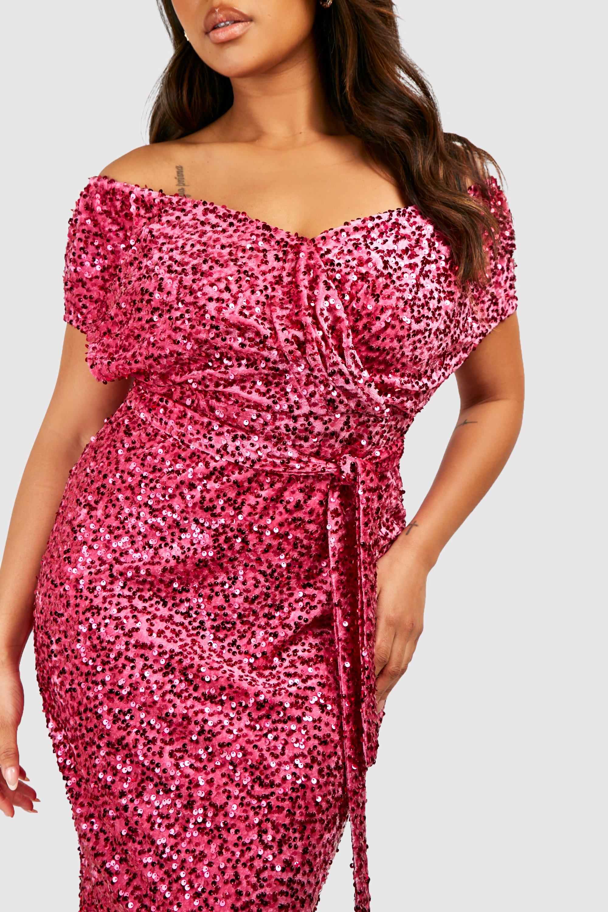 Plus Sequin Off The Shoulder Wrap Midi Dress