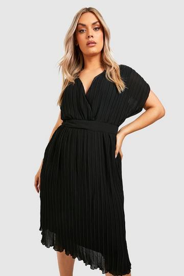 Black Plus Occasion Pleated Wrap Midi Dress