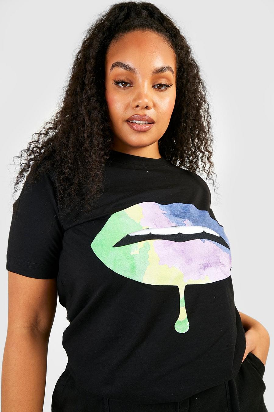Grande taille - T-shirt imprimé lèvres arc en ciel, Black image number 1