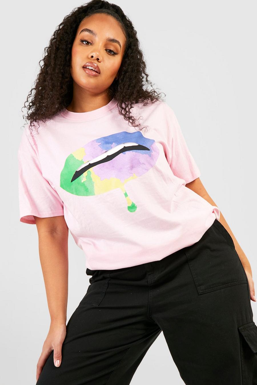 Grande taille - T-shirt imprimé lèvres arc en ciel, Light pink image number 1