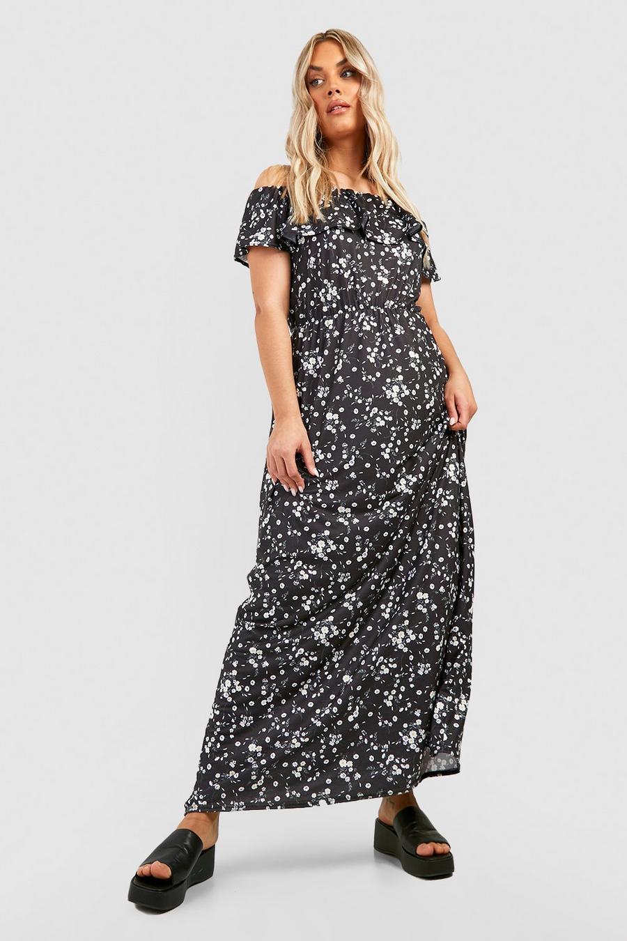 Black Plus Jersey Knit Floral Ruffle Off The Shoulder Maxi Dress image number 1