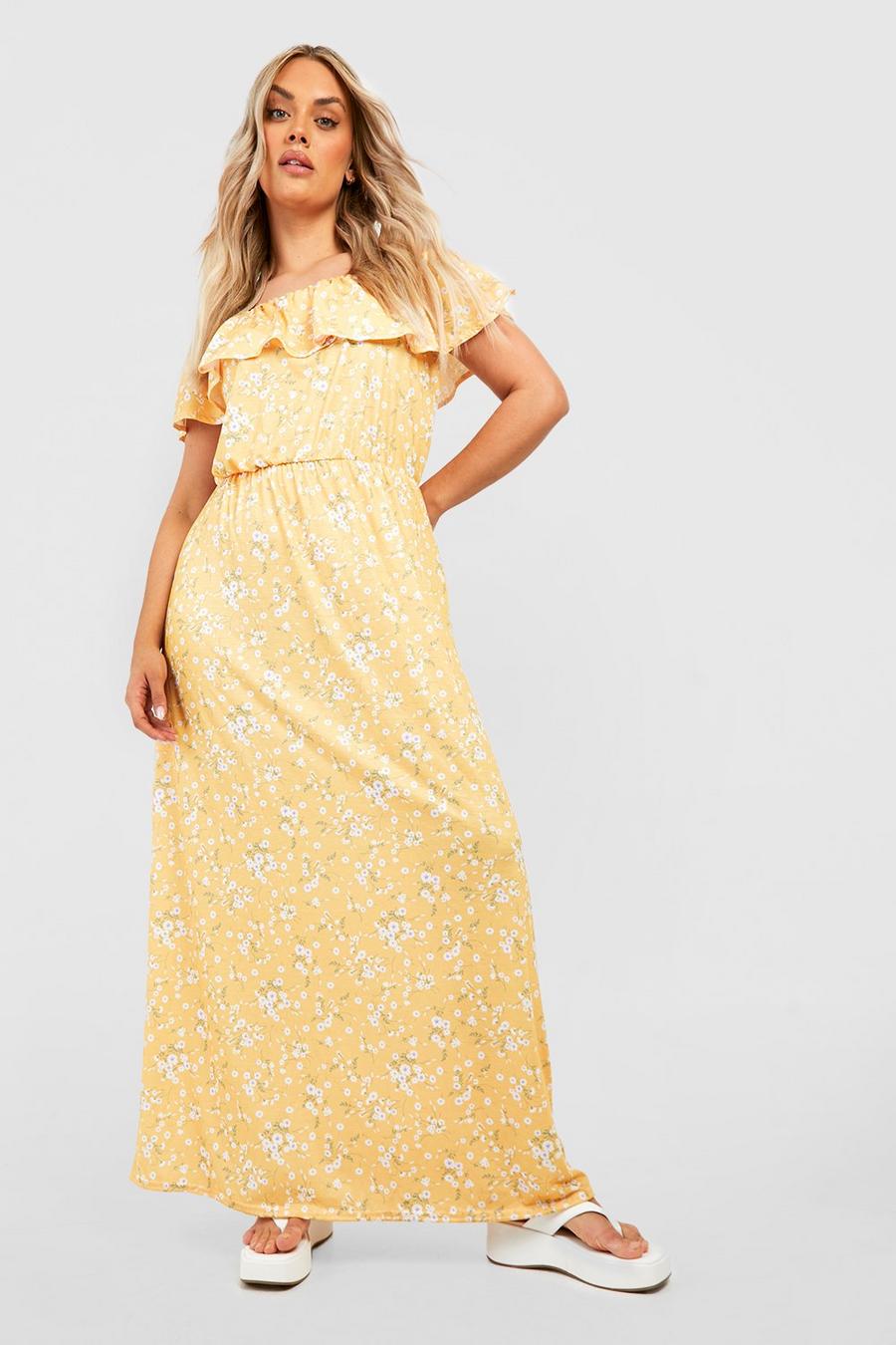 Lemon yellow Plus Jersey Floral Ruffle Off The Shoulder Maxi Dress