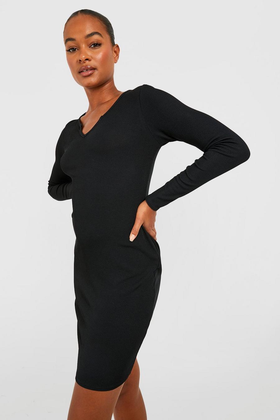 Black Tall Basic Notch Neck Long Sleeve Mini Dress image number 1