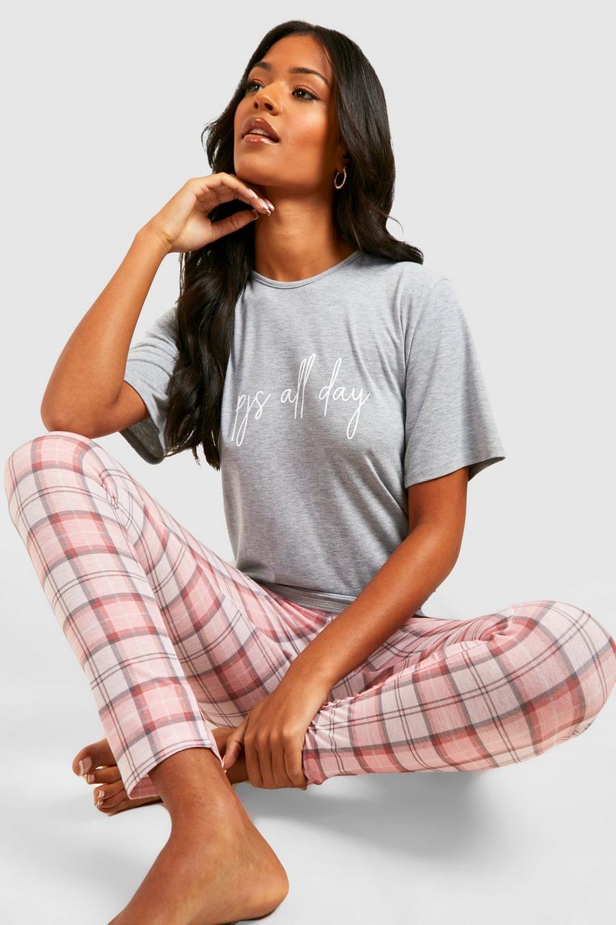 Pijama Tall de leggings con estampado de cuadros All Day, Pink image number 1