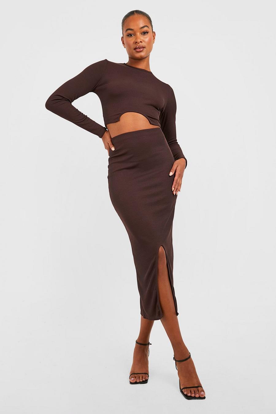 Chocolate Tall Basic Split Front Midi Skirt image number 1